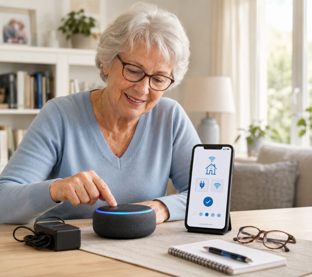 Senior richtet einen Echo Dot mit Smartphone ein