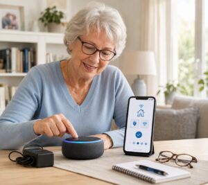 Senior richtet einen Echo Dot mit Smartphone ein