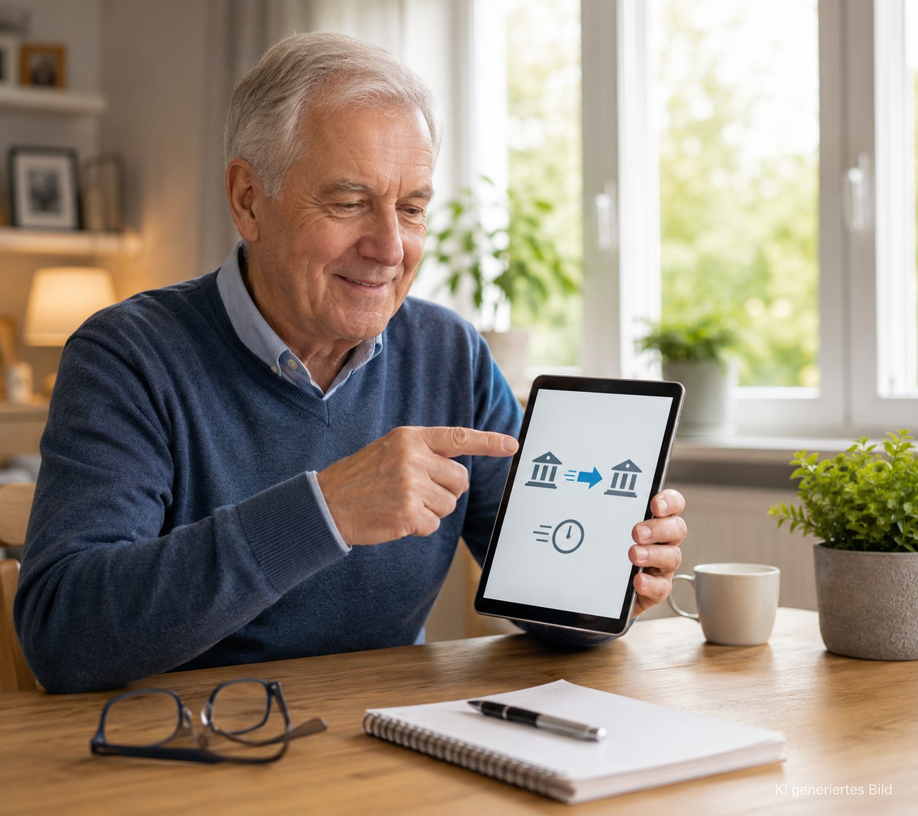 Senior pr&uuml;ft eine Echtzeit&uuml;berweisung am Smartphone