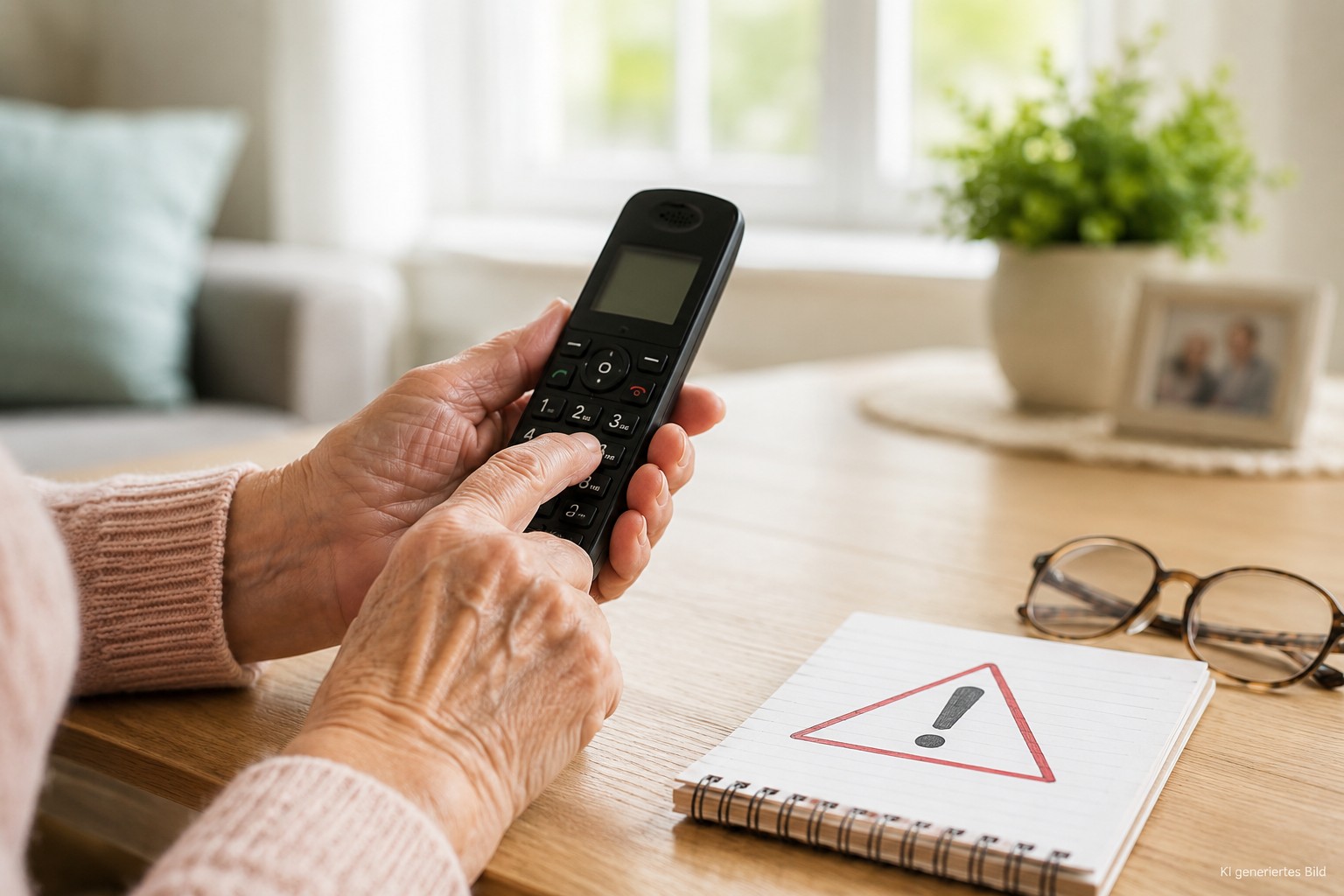 &Auml;ltere H&auml;nde halten ein Telefon bei einem verd&auml;chtigen Anruf