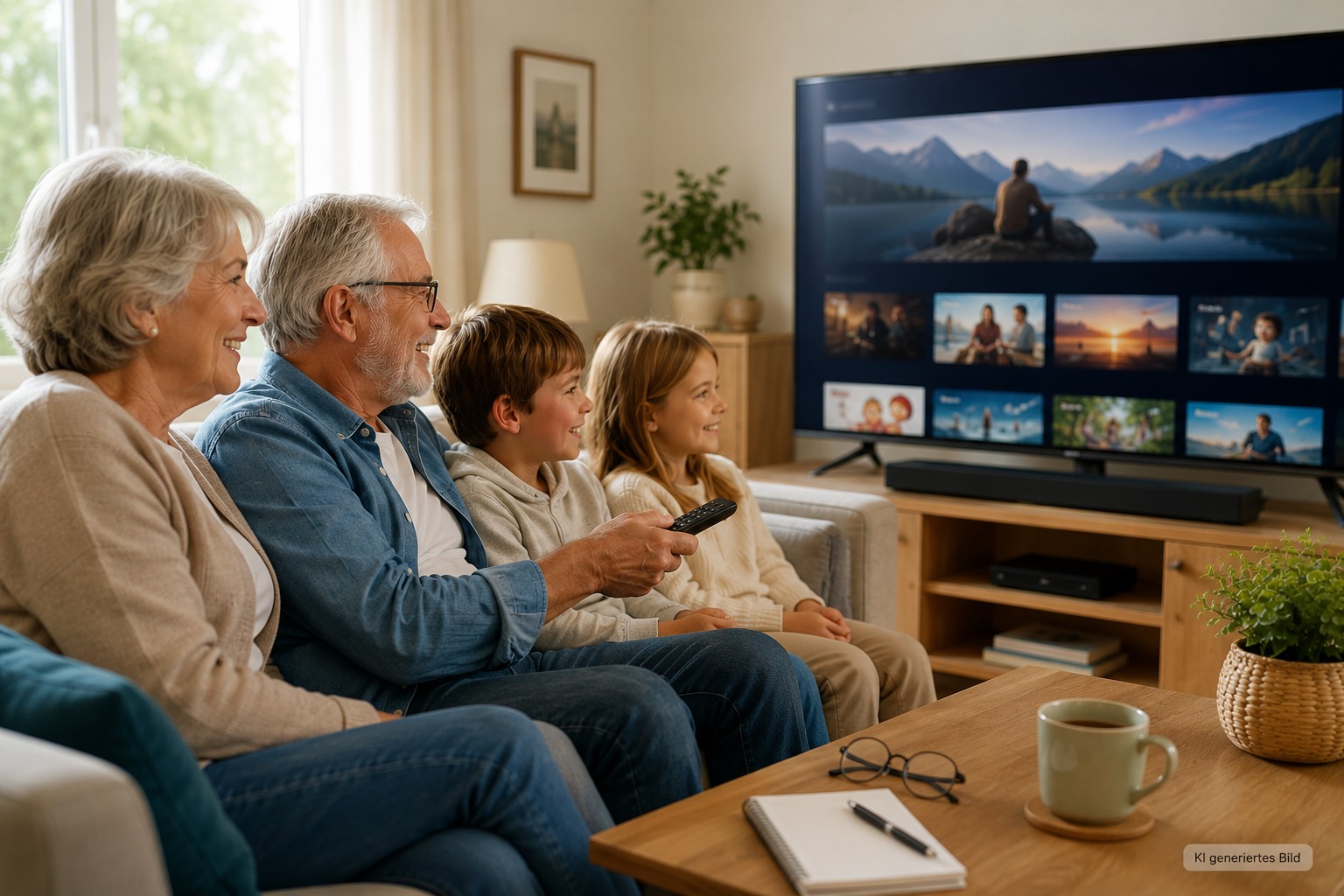&Auml;ltere Person nutzt Streaming und Mediathek am Fernseher im Wohnzimmer