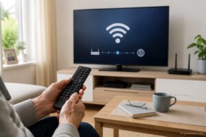 Ältere Hände verbinden Smart-TV mit dem WLAN