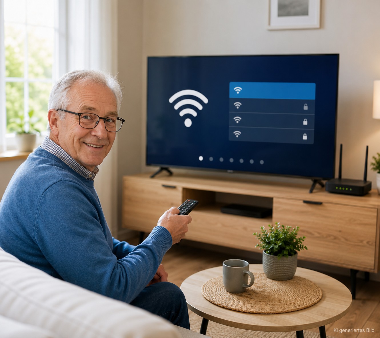 Senior verbindet den Fernseher mit WLAN