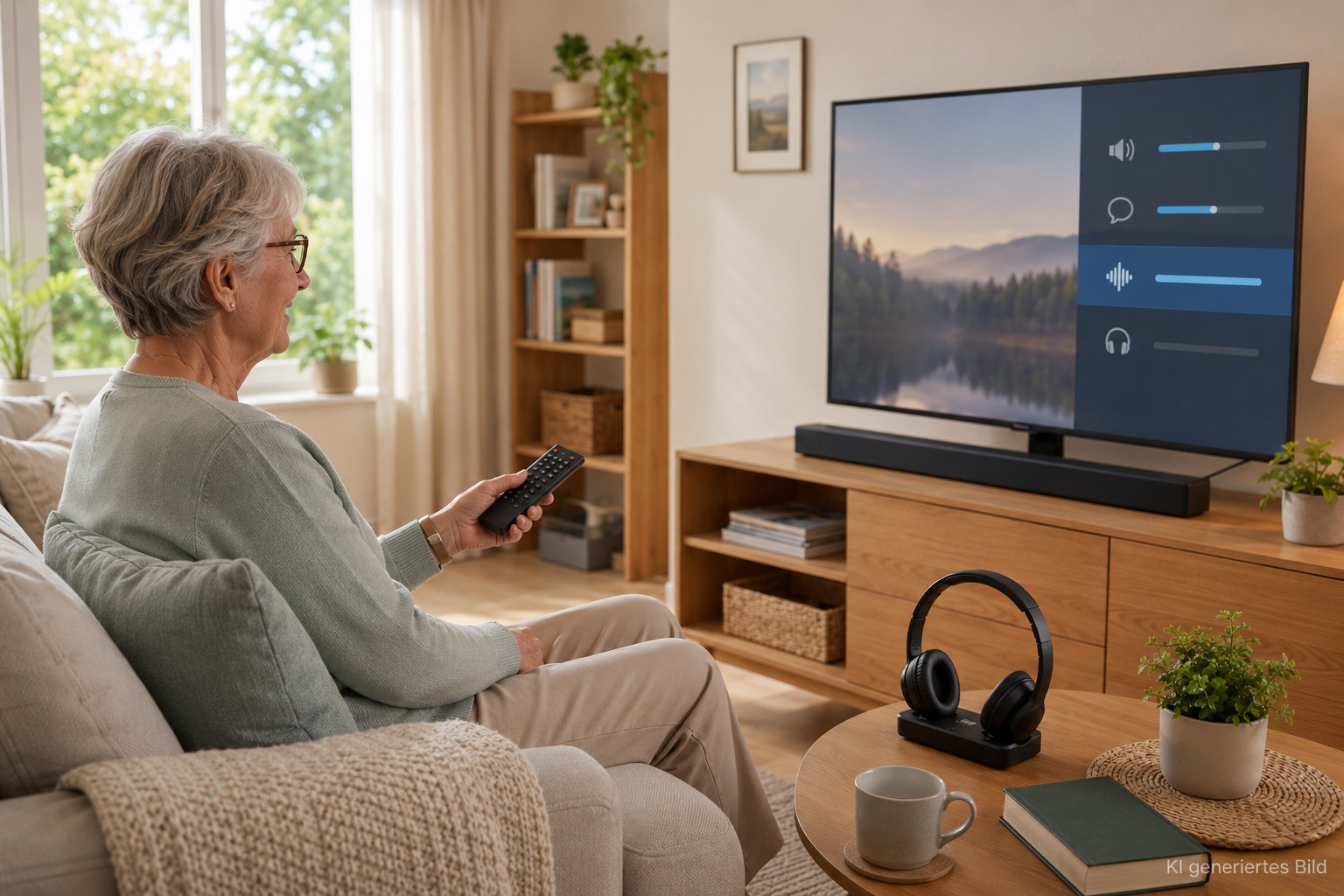 Ältere Frau sitzt im Wohnzimmer vor einem Fernseher und stellt mit der Fernbedienung den Ton ein, daneben liegen TV-Kopfhörer auf dem Tisch