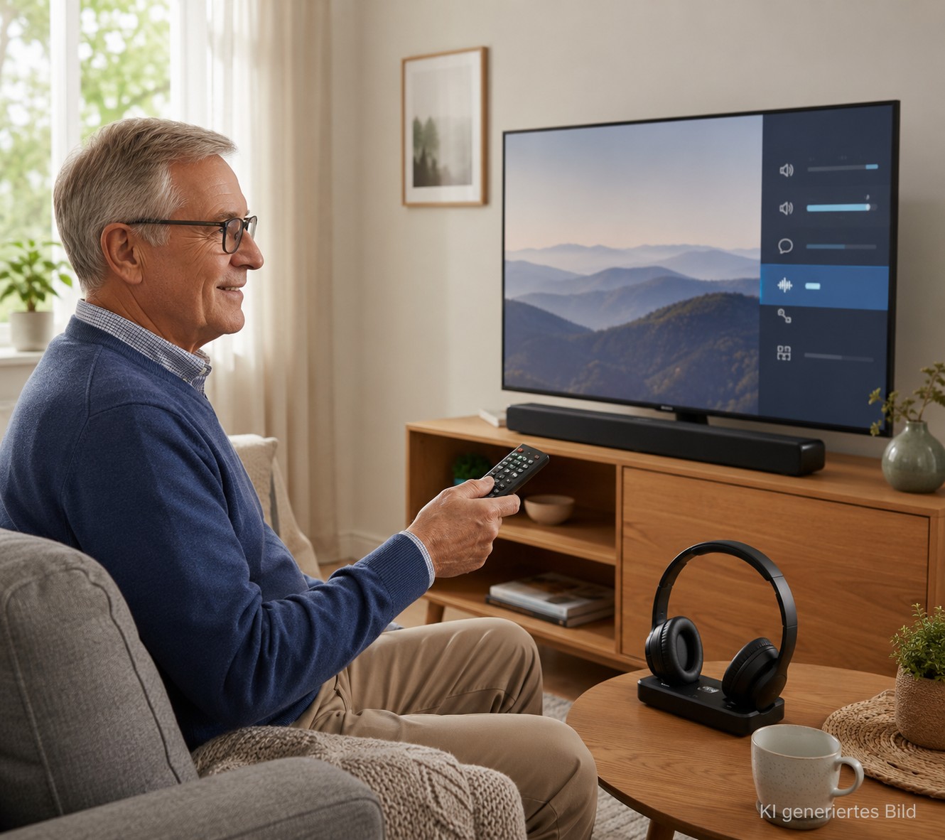 Senior verbessert den Fernsehton mit Fernbedienung und Kopfh&ouml;rern