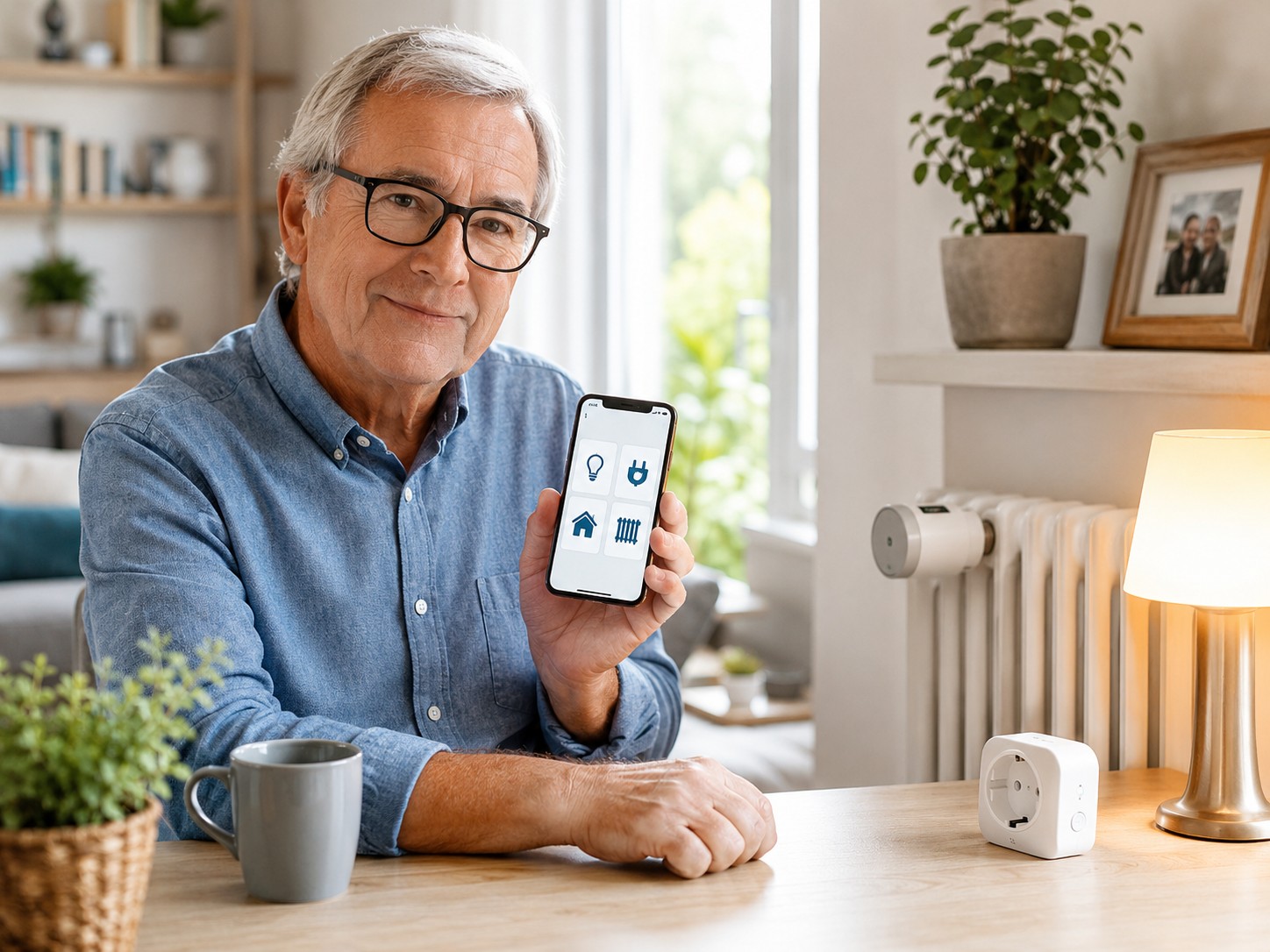 Senior nutzt Smartphone zur Fernsteuerung von Licht, Heizung und Steckdose im Smart Home