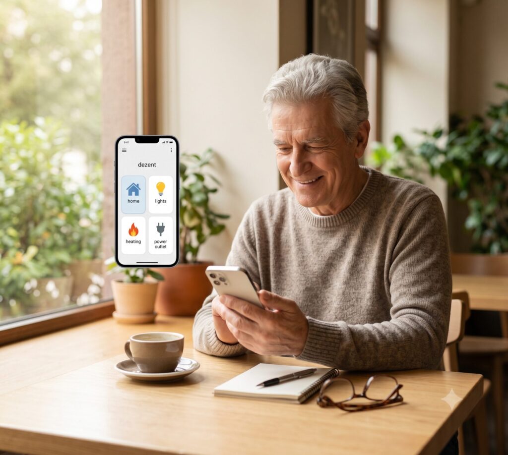 Ältere Person steuert Smart-Home-Geräte von unterwegs mit dem Smartphone