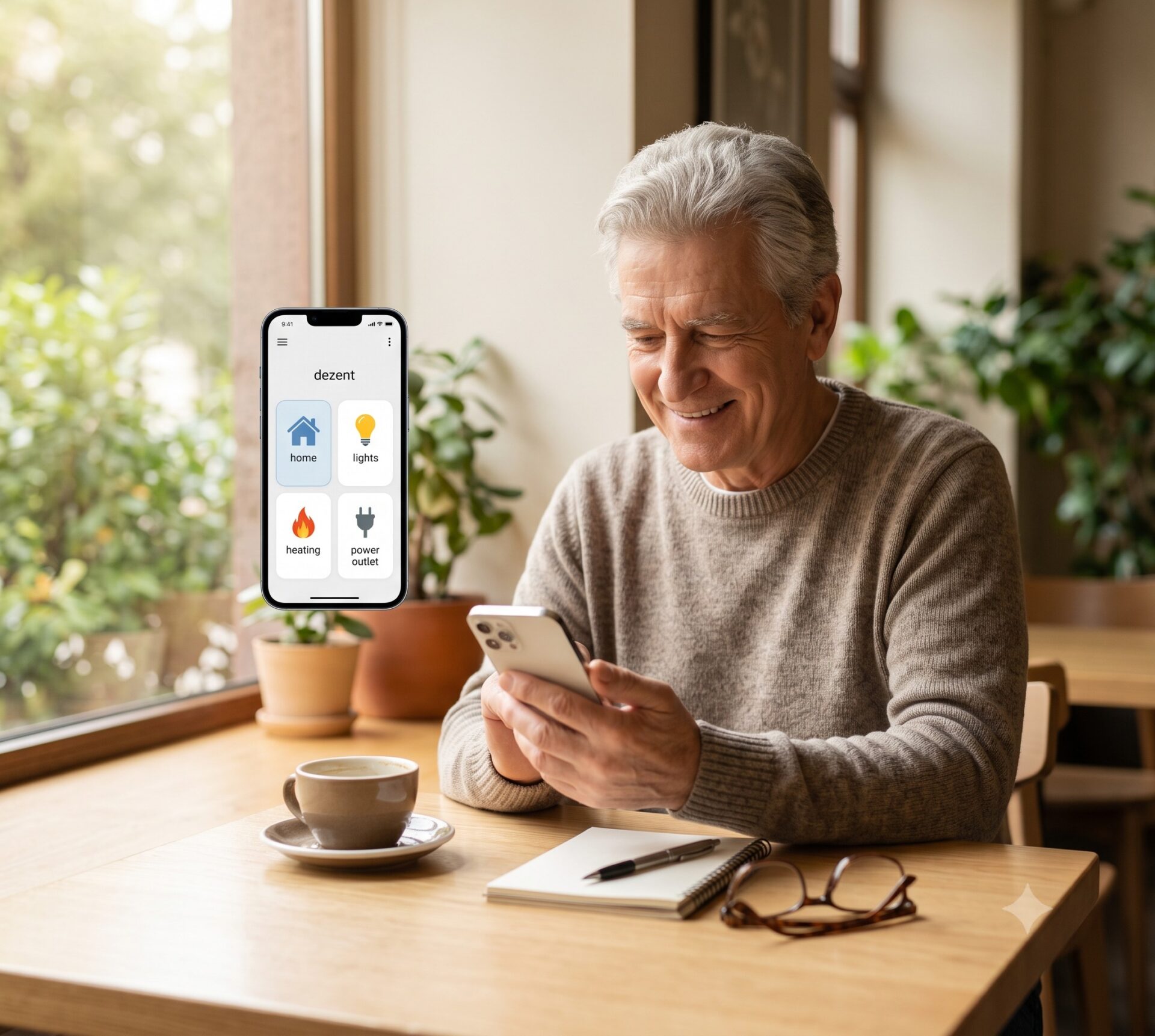 Ältere Person steuert Smart-Home-Geräte von unterwegs mit dem Smartphone