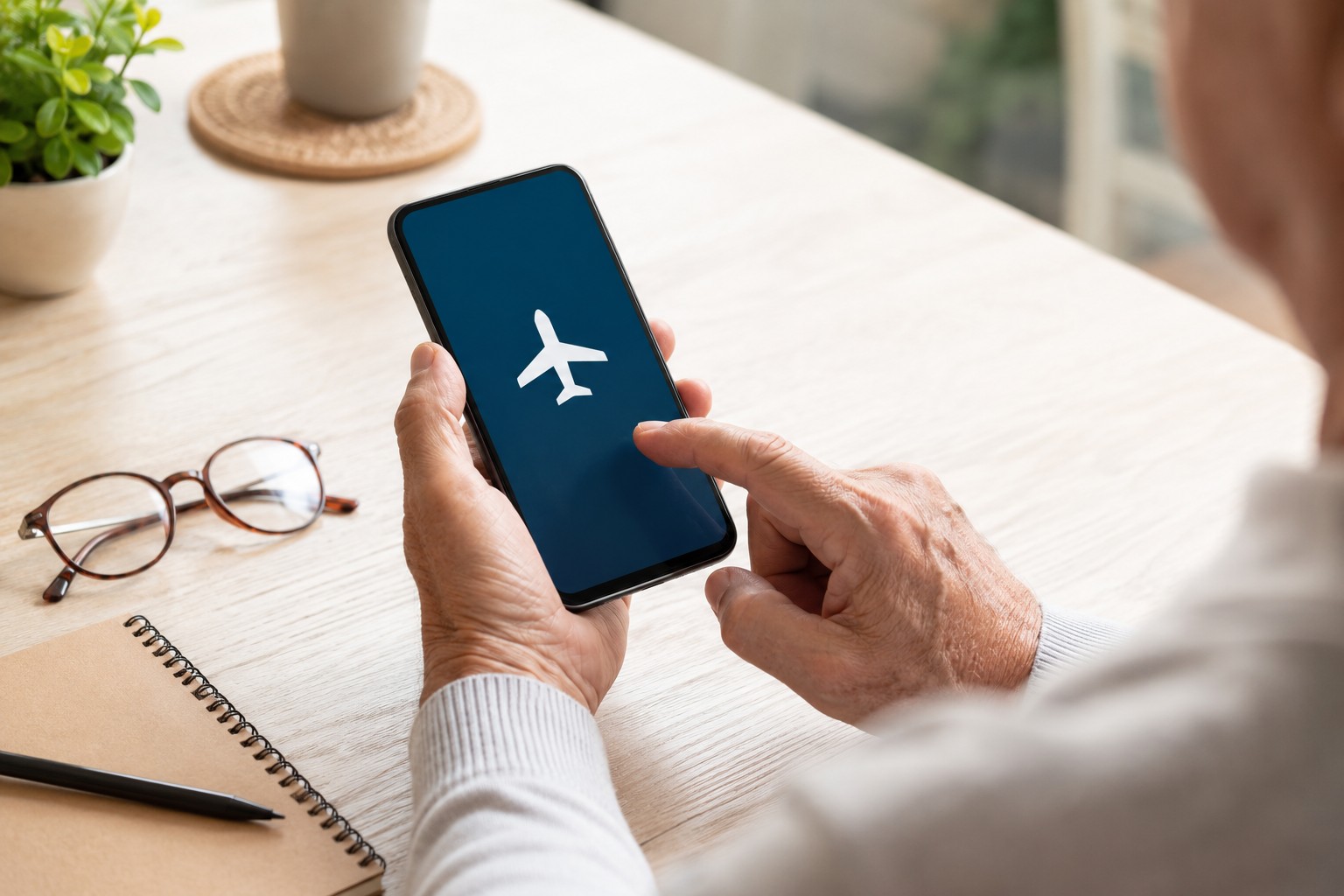 &Auml;ltere H&auml;nde schalten den Flugmodus am Smartphone ein