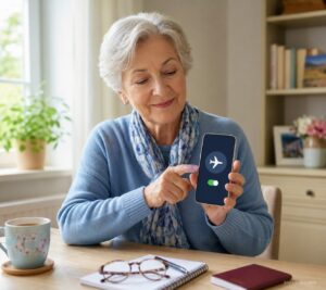 Senior prüft den Flugmodus auf dem Smartphone