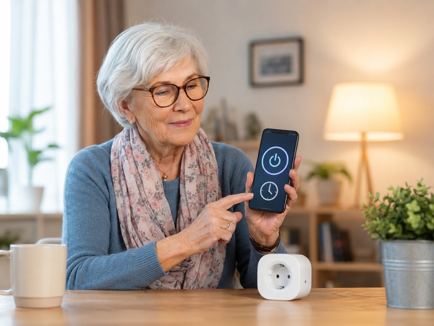 Senior nutzt Smartphone und smarte Steckdose, um Lampe automatisch zu schalten