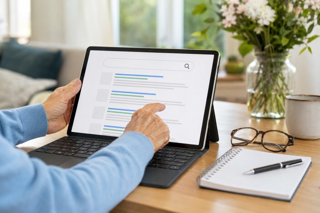 Ältere Hände nutzen eine Suchmaschine am Tablet