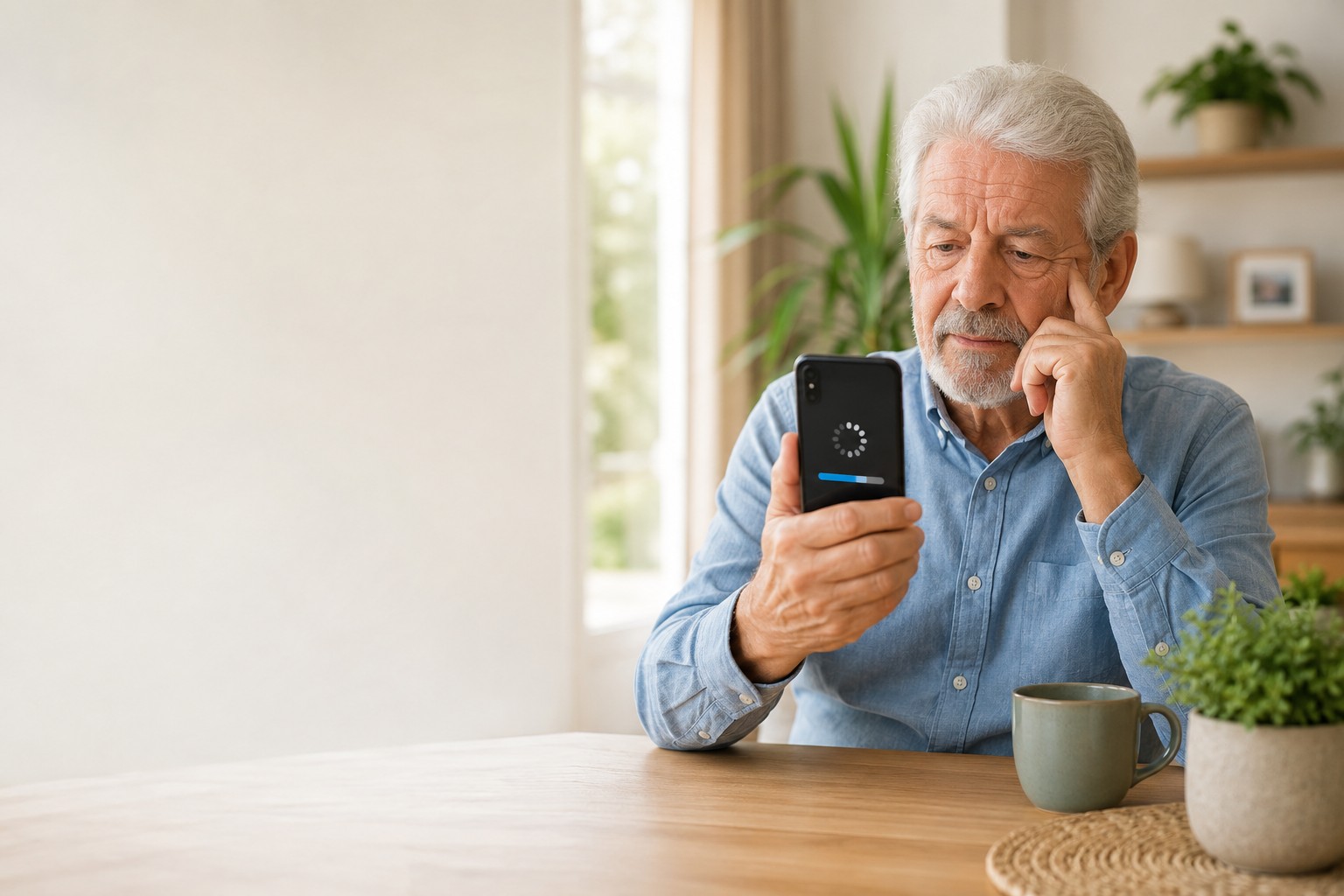 Ältere Hände prüfen Einstellungen auf einem langsam gewordenen Smartphone.