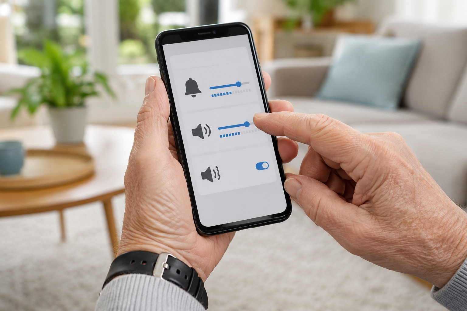 Hände prüfen die Lautstärketasten eines Smartphones