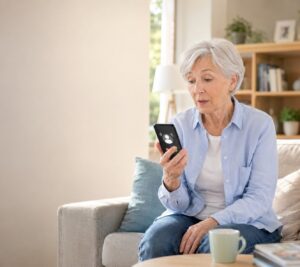 Ältere Person prüft ihr Smartphone, weil es bei Anrufen nicht klingelt.