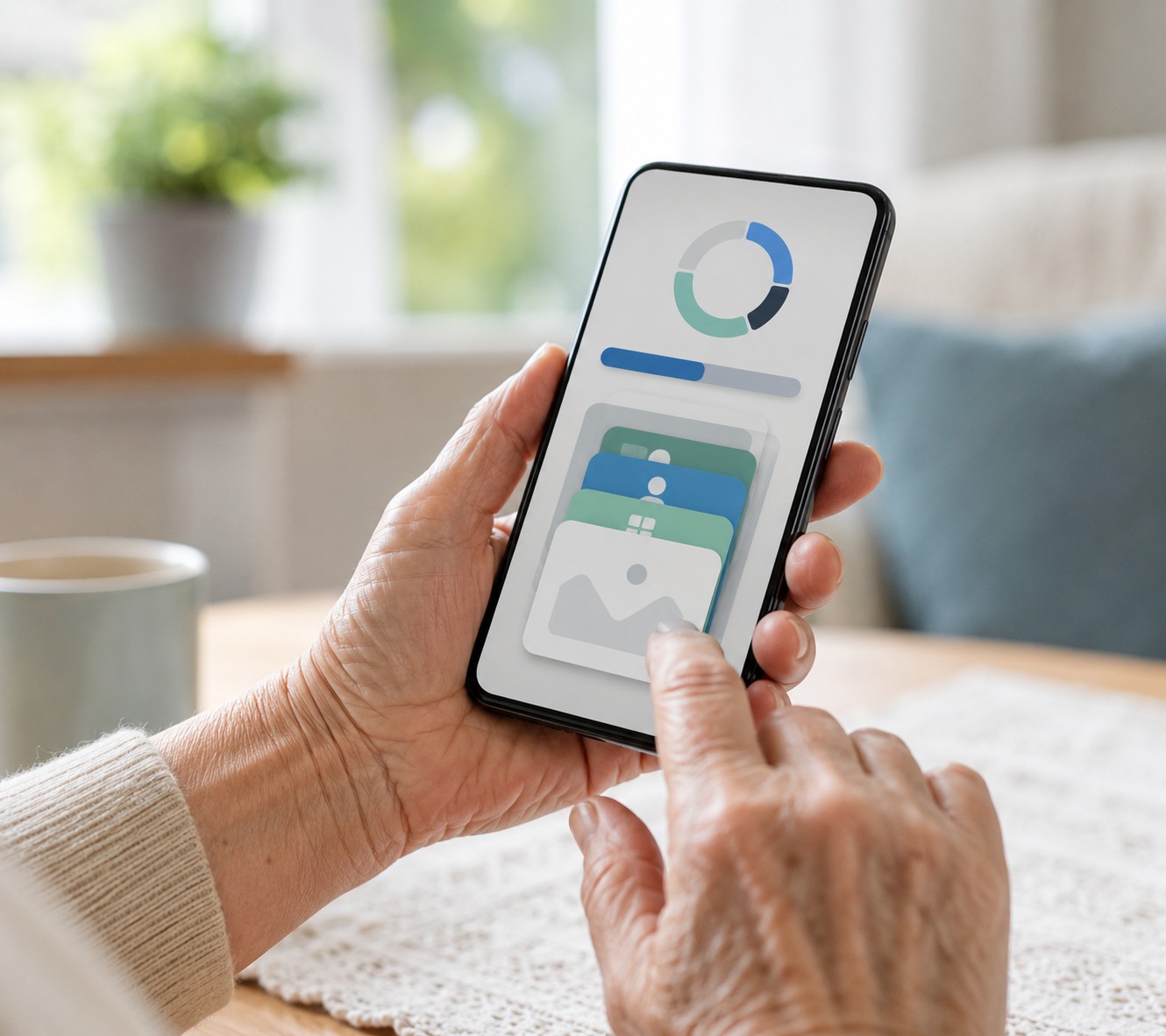 Senior prüft ein langsam gewordenes Smartphone in heller Wohnumgebung.