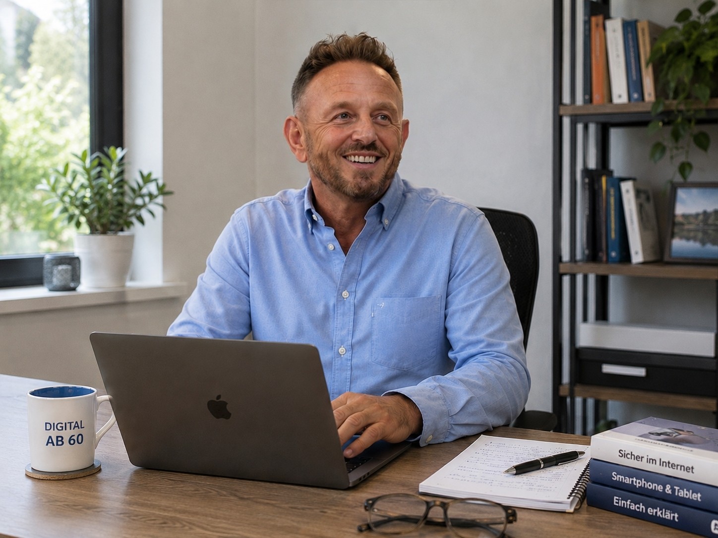 Friedhelm Deussner sitzt an einem Schreibtisch und arbeitet an einem Laptop