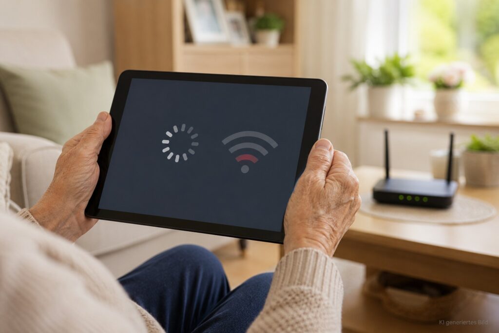 Ältere Hände prüfen langsames Internet auf dem Tablet