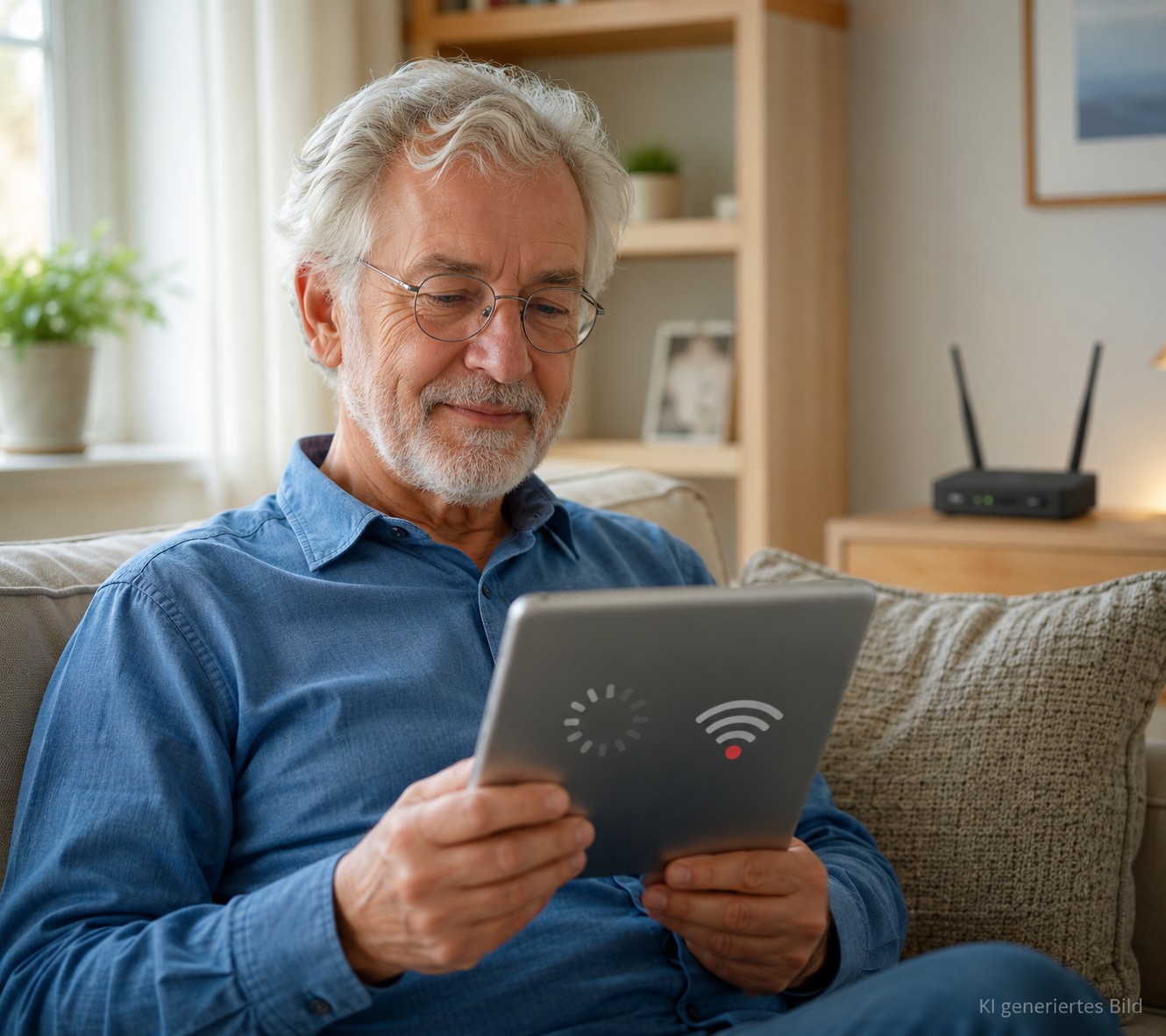 Senior pr&uuml;ft langsames Internet auf dem Tablet