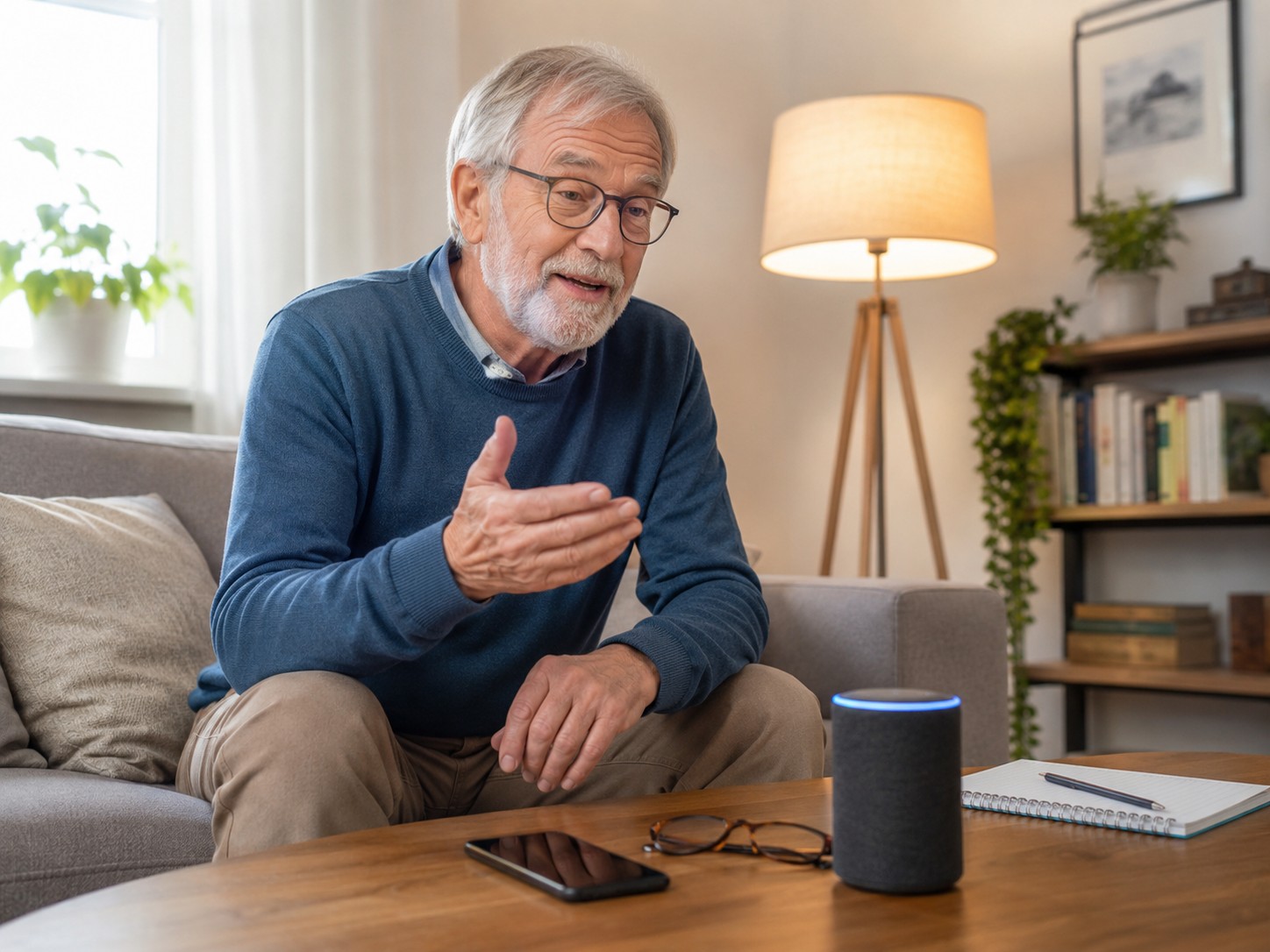 Senior nutzt einen Sprachassistenten, um eine Lampe im Wohnzimmer einzuschalten