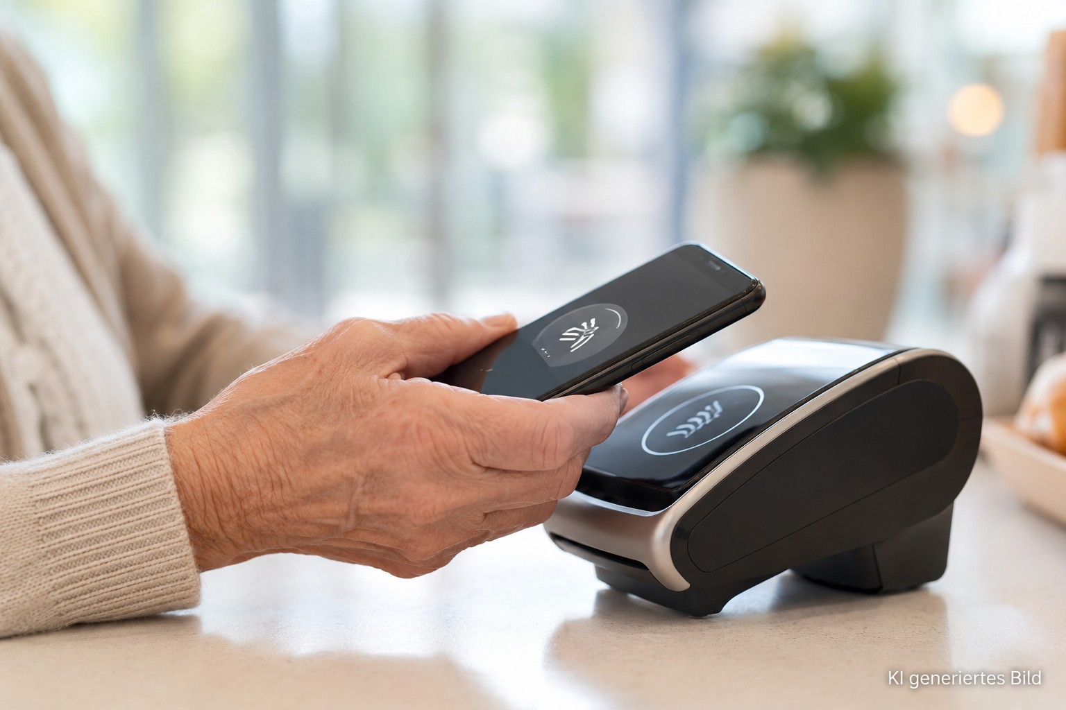 &Auml;ltere H&auml;nde nutzen NFC am Smartphone