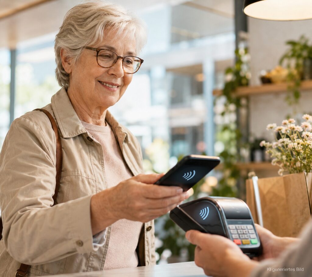 Senior nutzt NFC zum kontaktlosen Bezahlen mit dem Smartphone