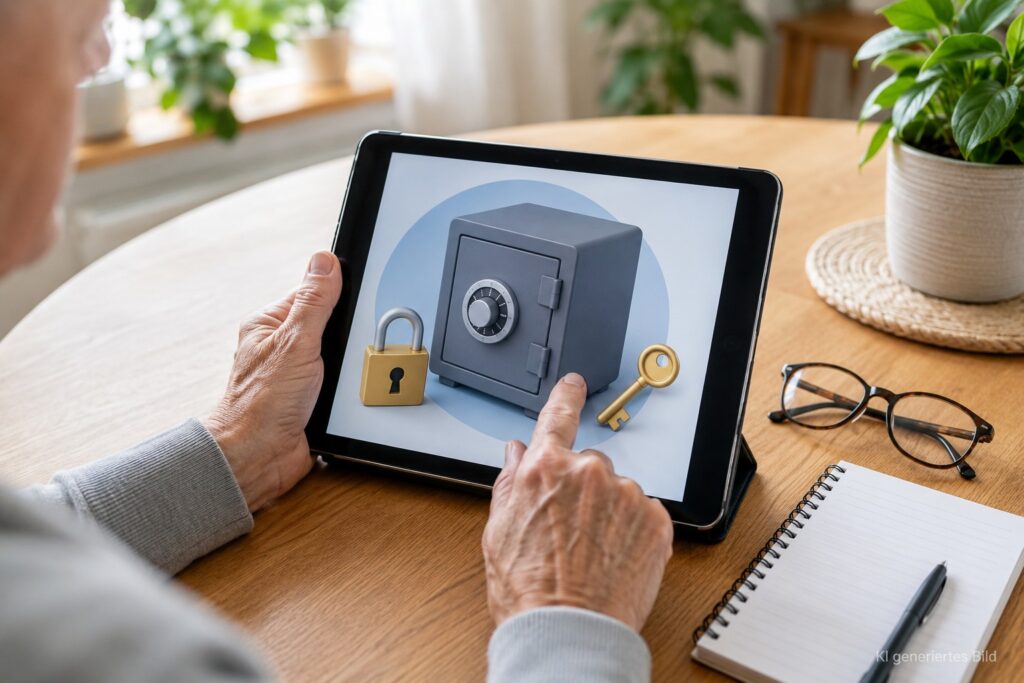 Ältere Hände nutzen einen digitalen Passwort-Tresor
