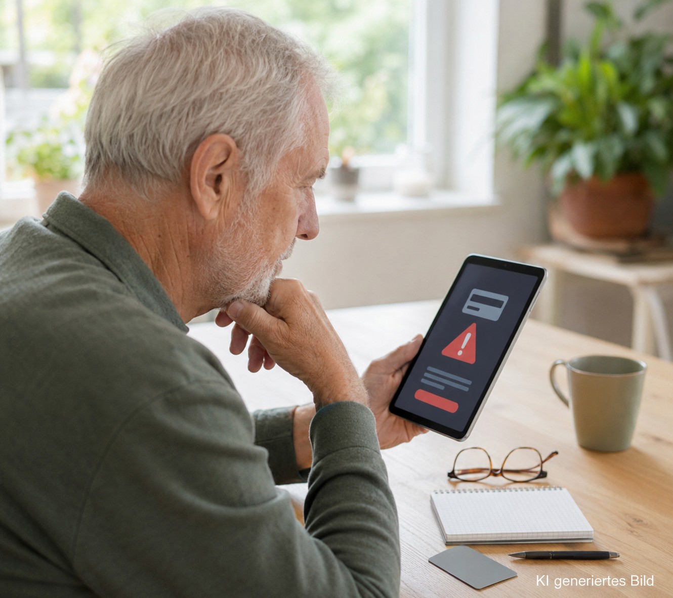Senior pr&uuml;ft eine verd&auml;chtige Zahlungsnachricht auf dem Smartphone
