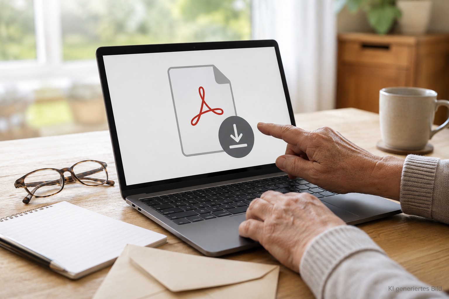 &Auml;ltere H&auml;nde laden eine PDF-Datei aus dem Internet herunter