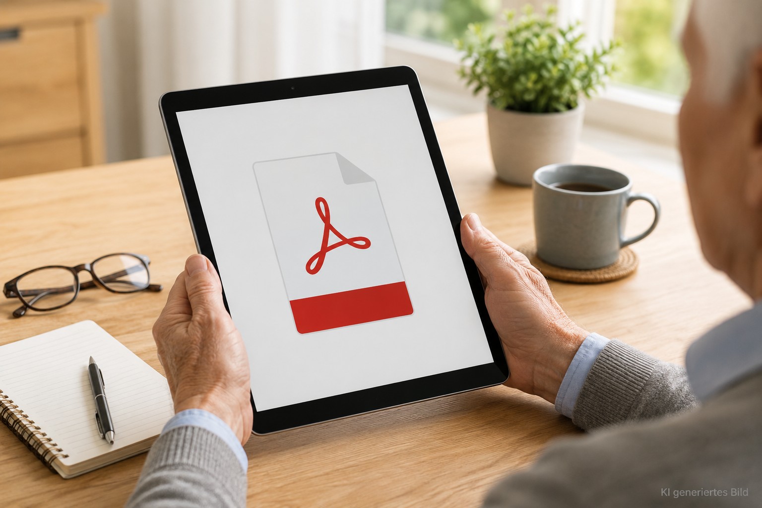 &Auml;ltere H&auml;nde &ouml;ffnen eine PDF-Datei auf dem Tablet