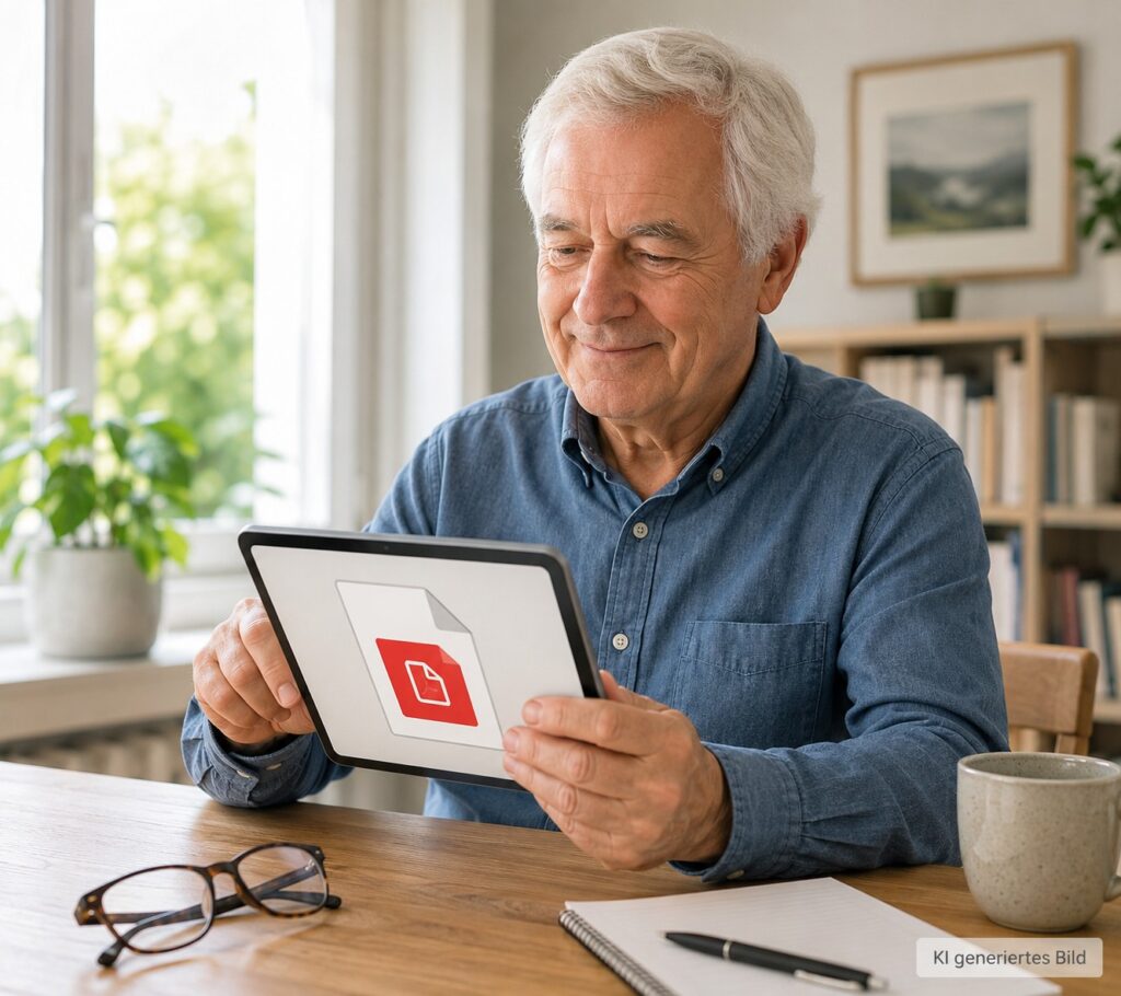 Senior öffnet eine PDF-Datei auf dem Tablet