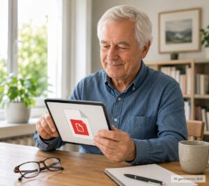 Senior öffnet eine PDF-Datei auf dem Tablet