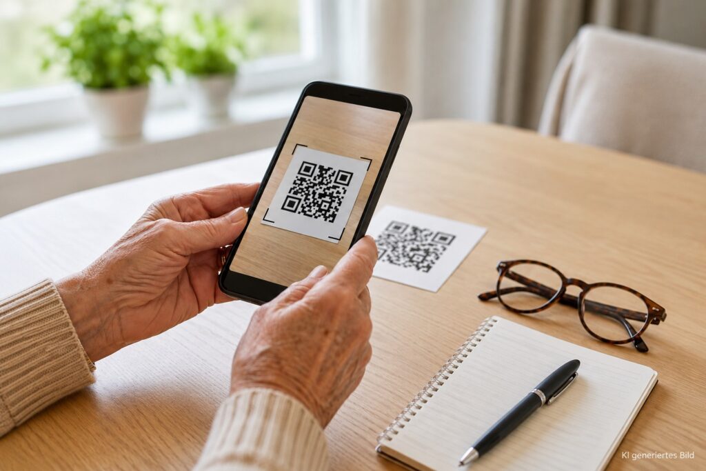 Ältere Hände scannen QR-Code mit dem Smartphone