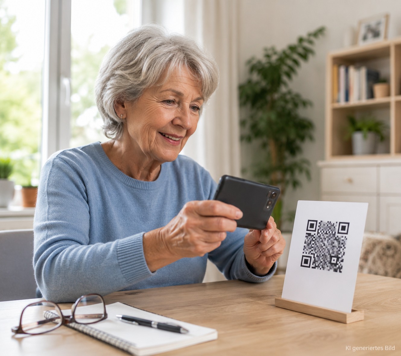 Senior scannt einen QR-Code mit dem Smartphone