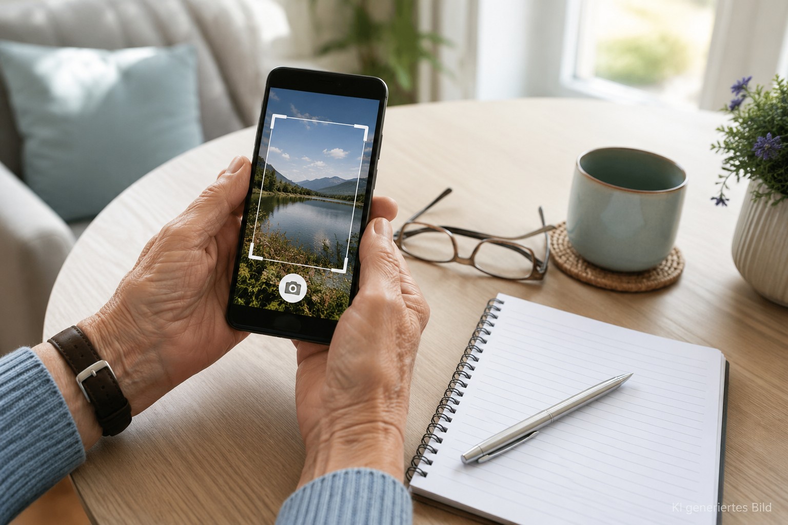 &Auml;ltere H&auml;nde machen einen Screenshot am Smartphone