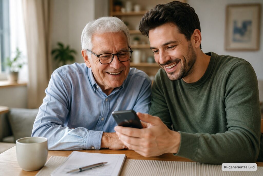 Senior und jüngere Person schauen gemeinsam lachend auf ein Smartphone in einer hellen Wohnumgebung