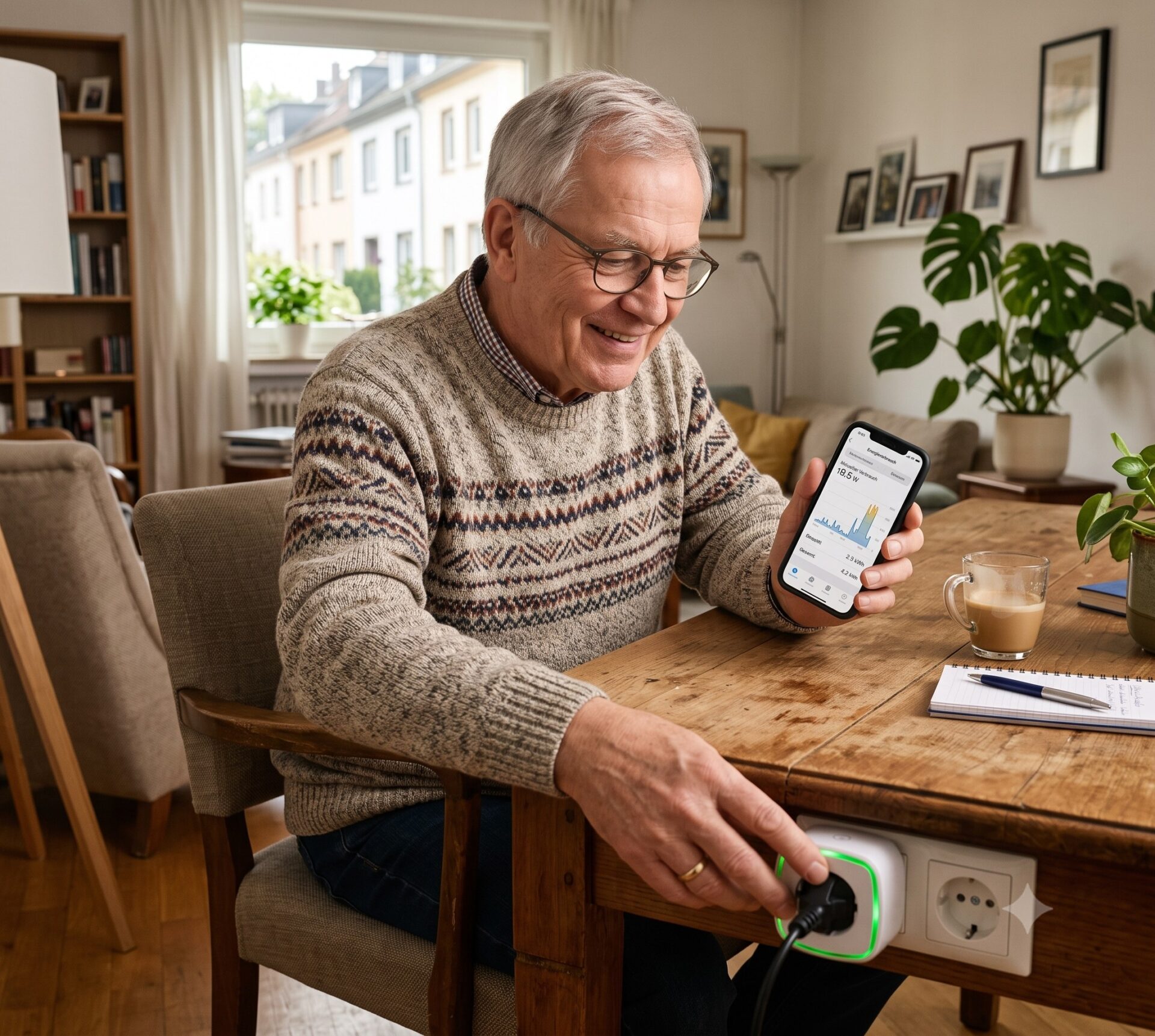 Senior prüft den Energieverbrauch mit Smartphone und smarter Steckdose.