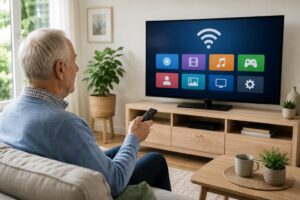 Ältere Person bedient einen Smart-TV im Wohnzimmer