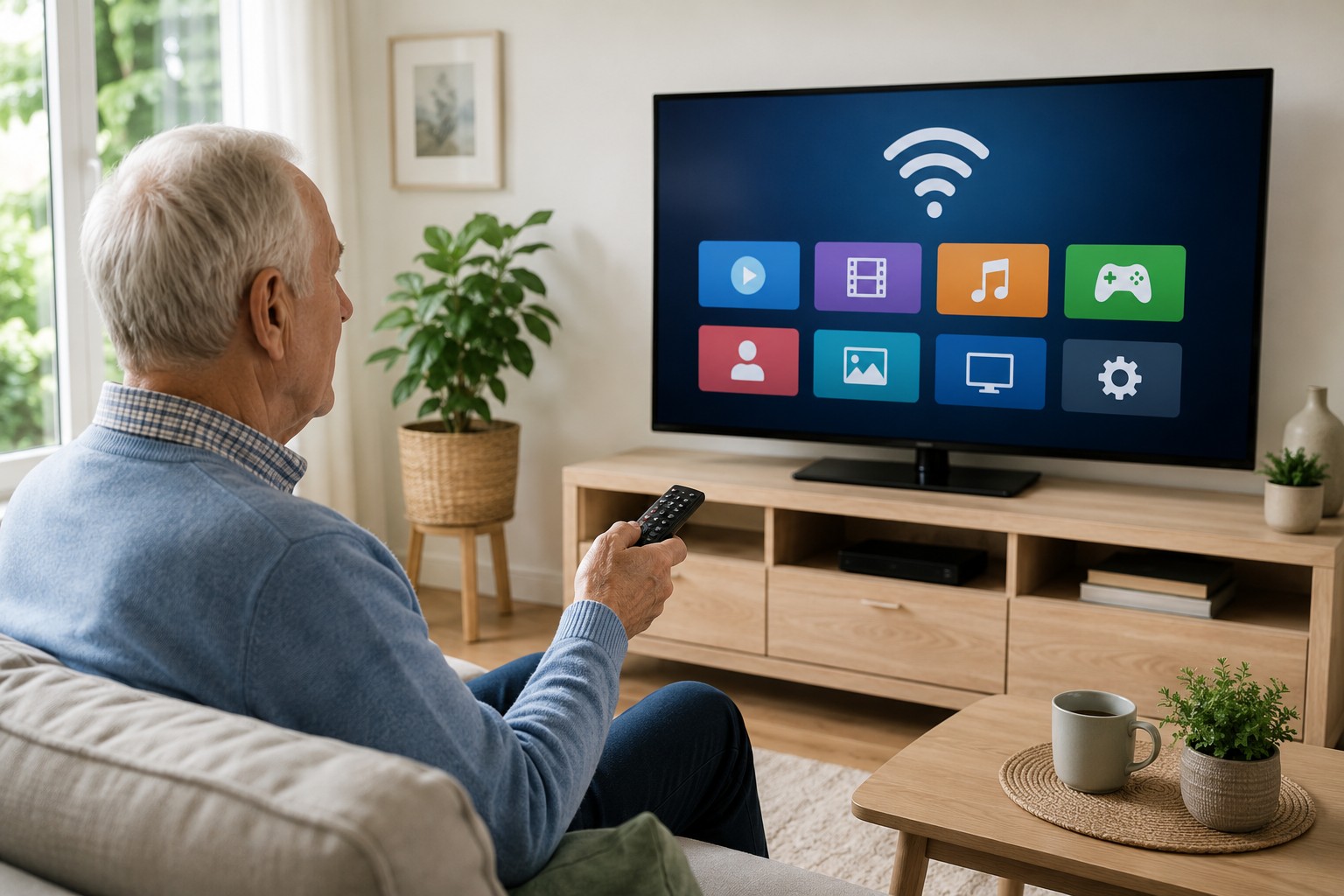 &Auml;ltere Person bedient einen Smart-TV im Wohnzimmer