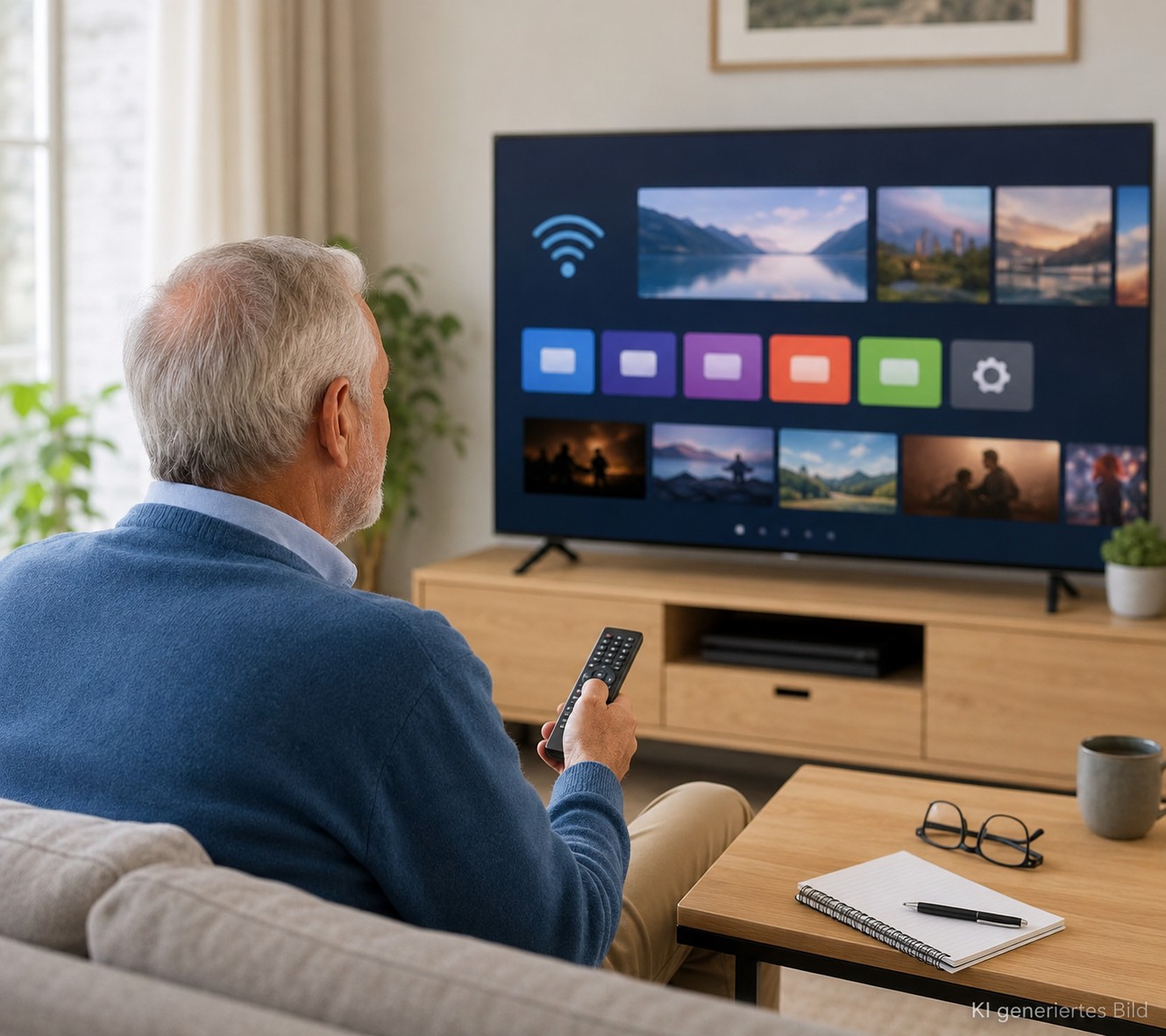 Senior nutzt einen Smart-TV mit Apps und Mediathek