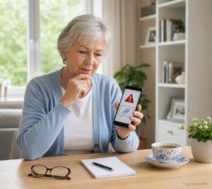 Senior prüft eine verdächtige SMS auf dem Smartphone