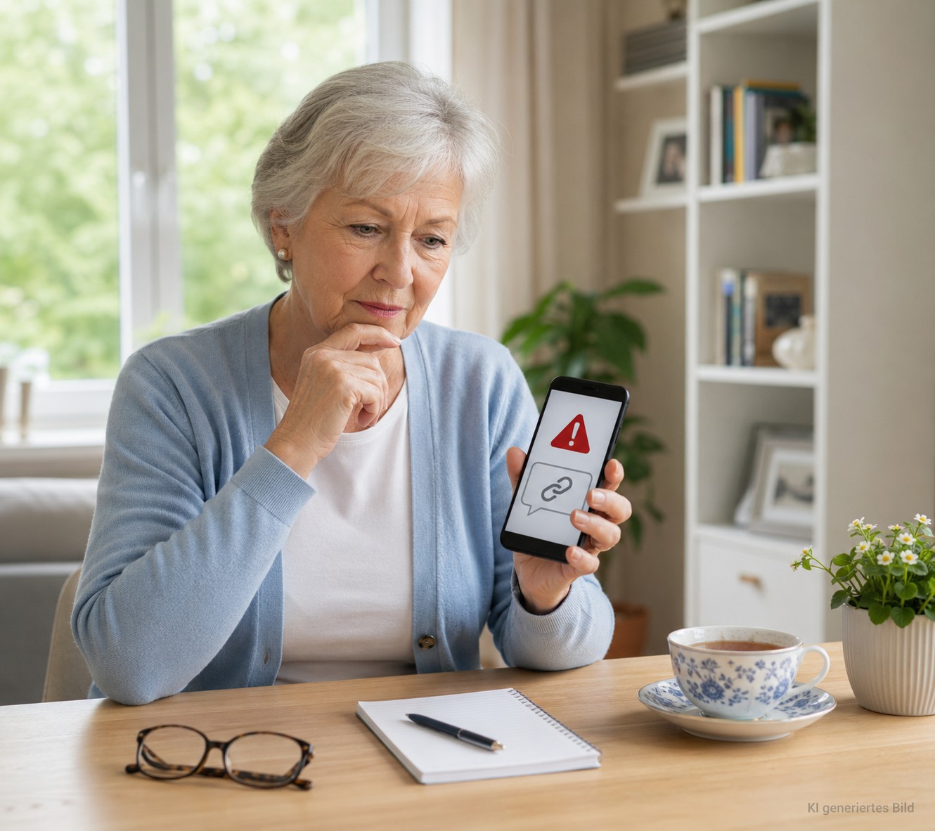Senior pr&uuml;ft eine verd&auml;chtige SMS auf dem Smartphone