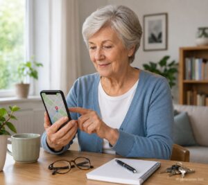 Senior prüft die Standort-Einstellungen am Smartphone