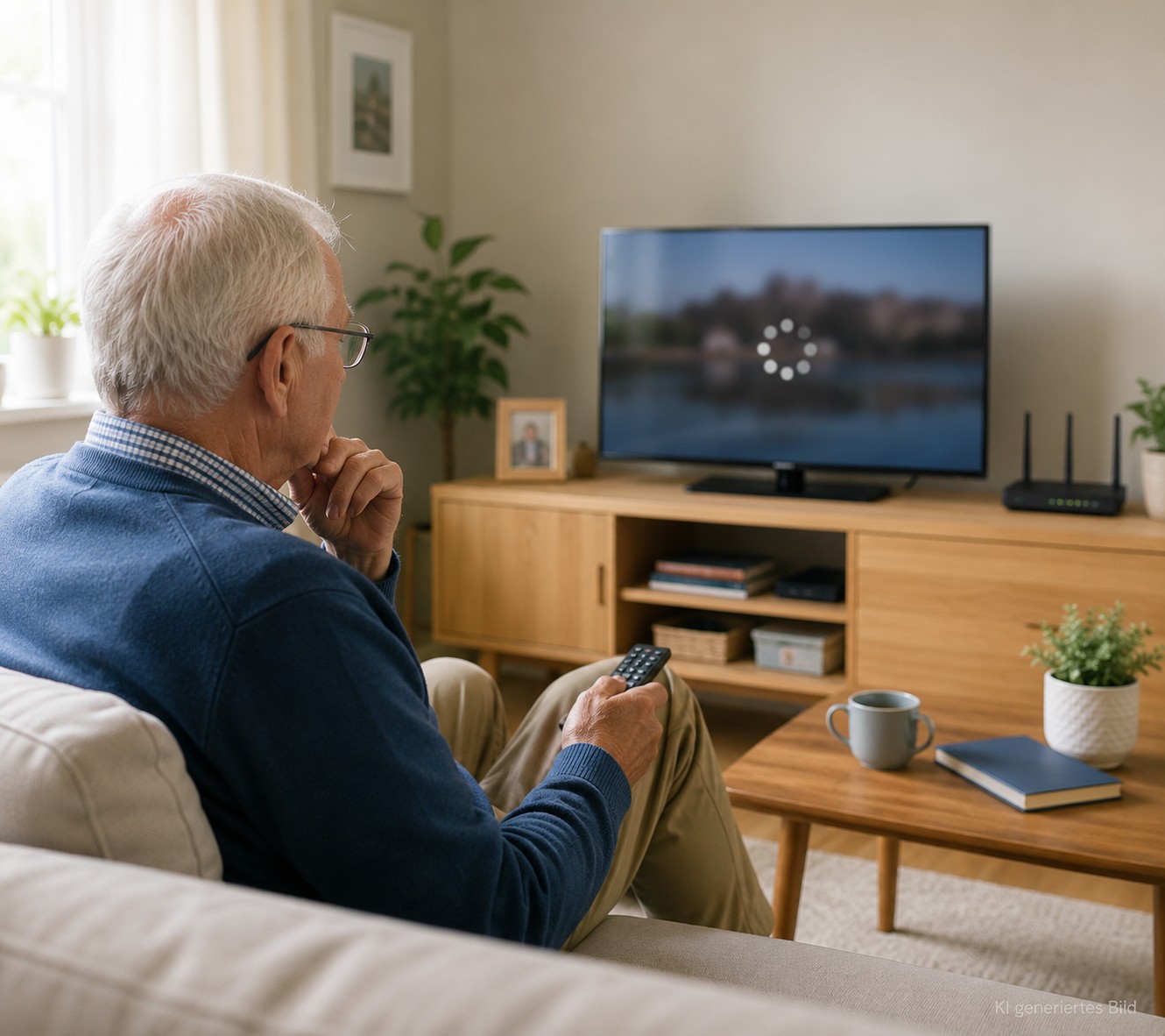 Senior pr&uuml;ft ruckelndes Streaming am Fernseher