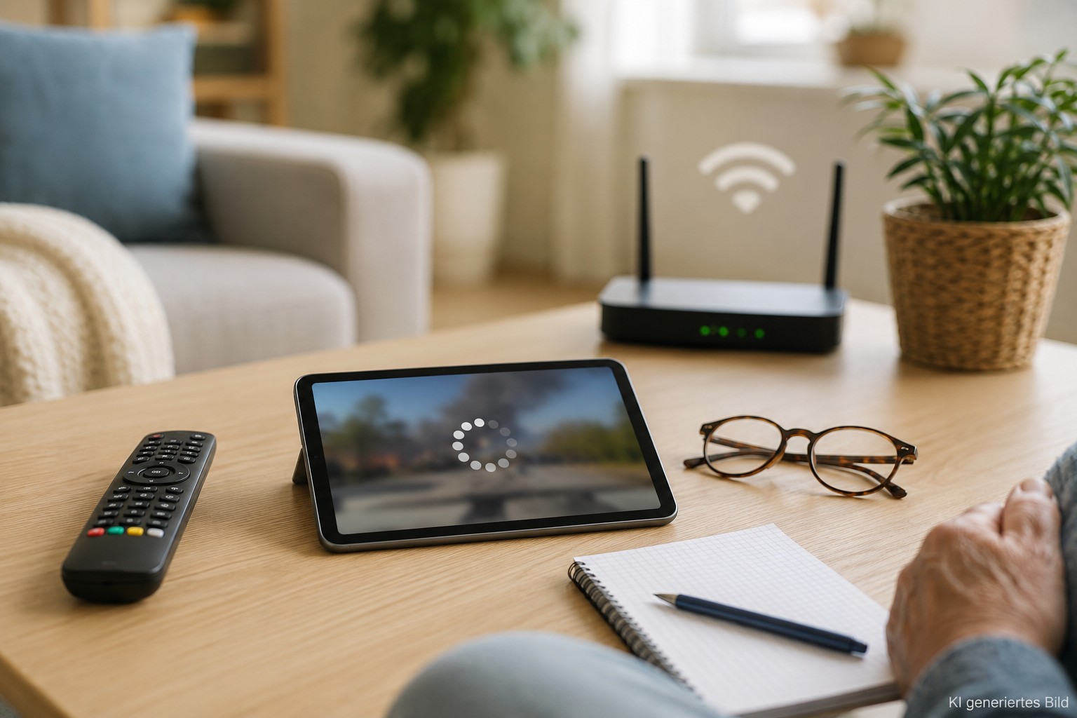 Ältere Person prüft auf einem Tablet ein ruckelndes Streaming-Video, während ein WLAN-Router im Hintergrund steht
