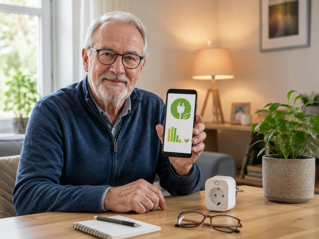 Senior nutzt Smartphone und smarte Steckdose, um Stromverbrauch im Haushalt zu reduzieren