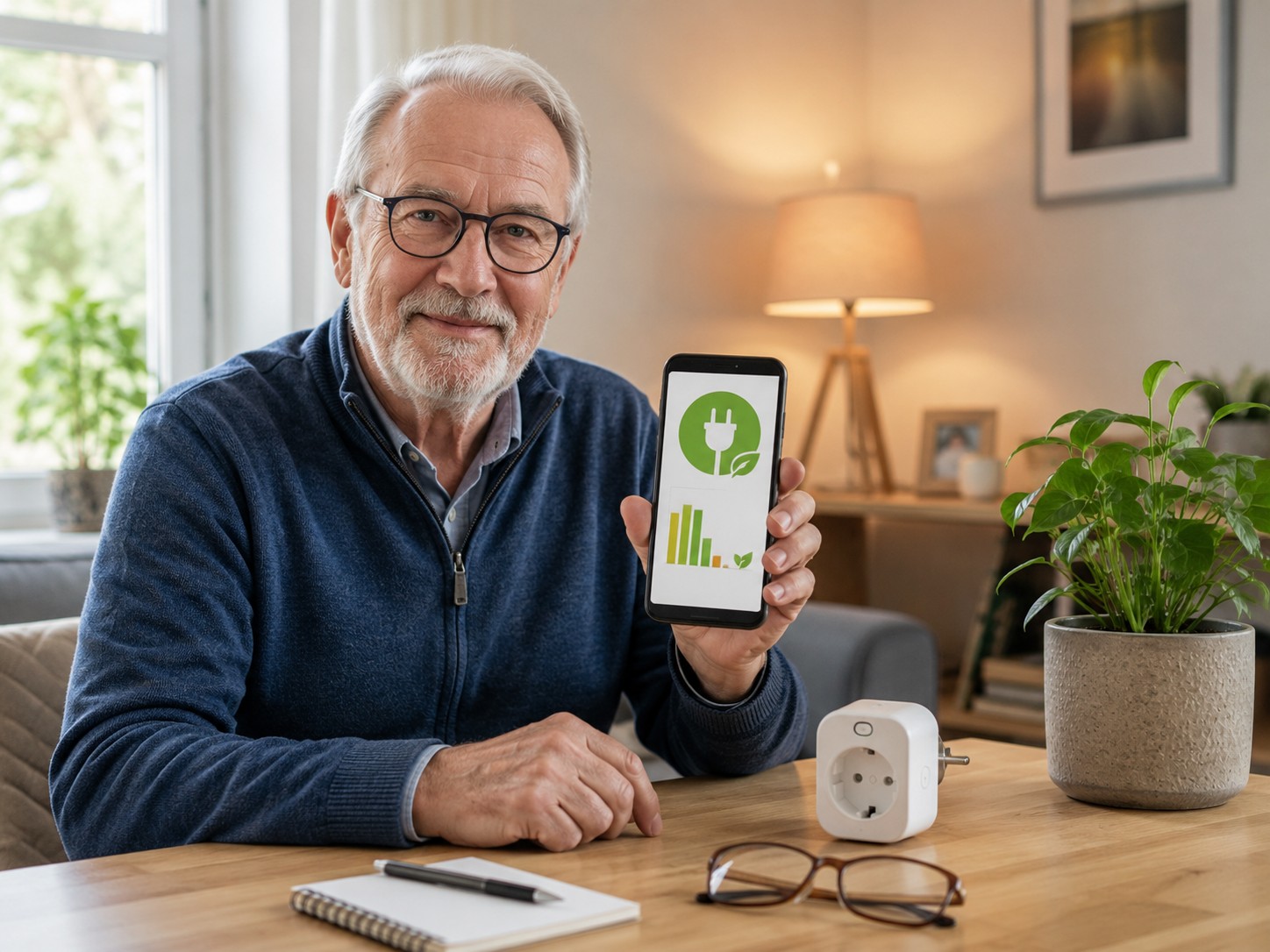 Senior nutzt Smartphone und smarte Steckdose, um Stromverbrauch im Haushalt zu reduzieren