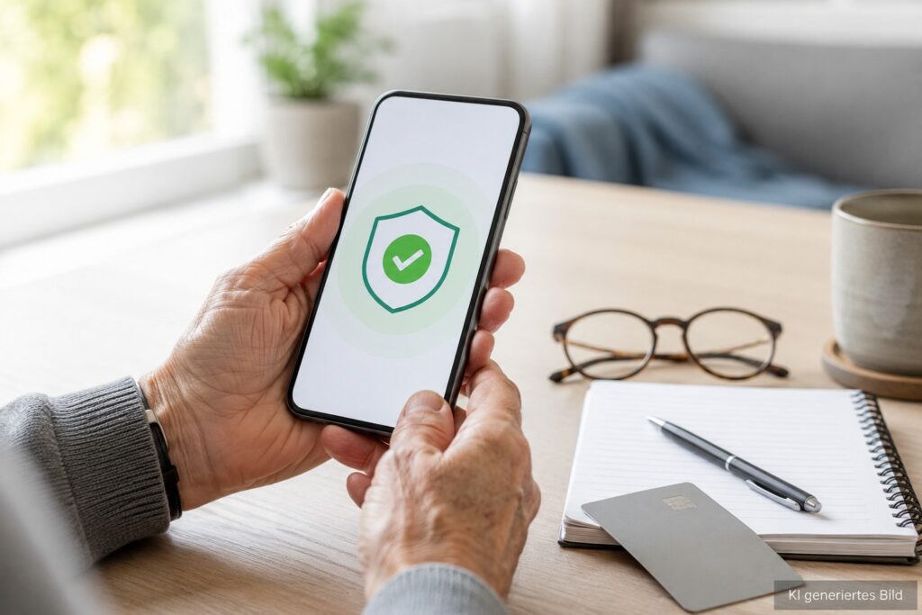 Ältere Hände bestätigen eine TAN beim Online-Banking