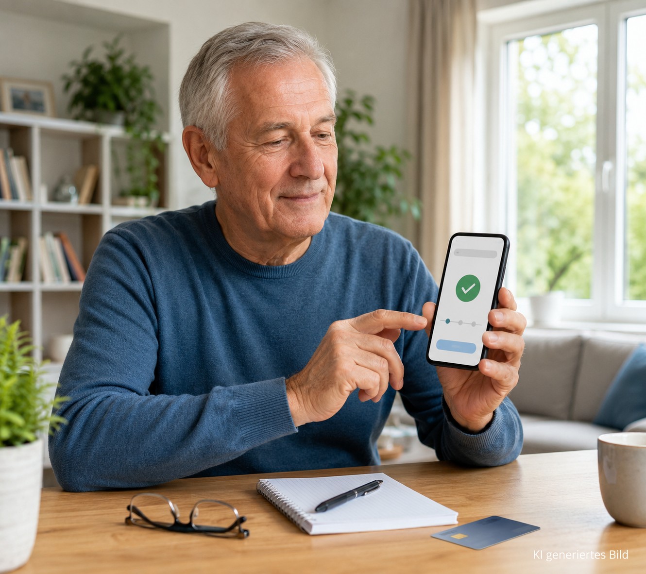 Senior pr&uuml;ft eine TAN-Best&auml;tigung beim Online-Banking