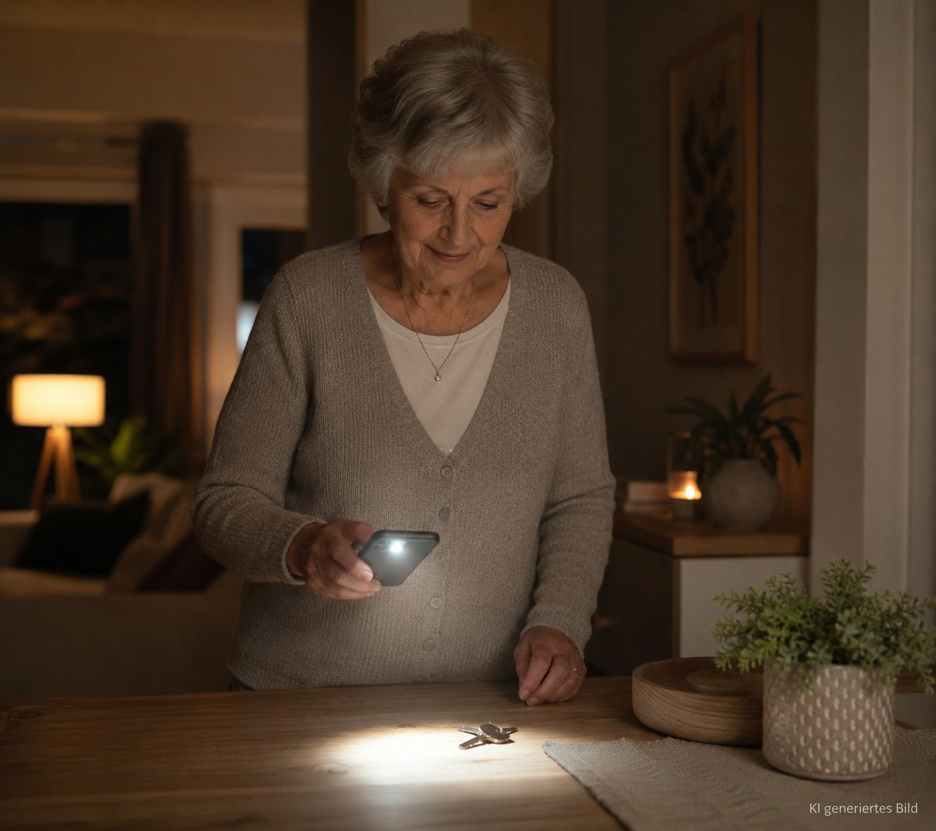 Senior nutzt die Taschenlampe am Smartphone